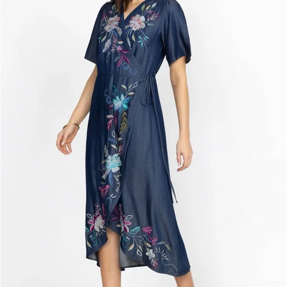 Johnny Was Workshop Blue Floral embroidered Nico Wrap Dress  display picture 1